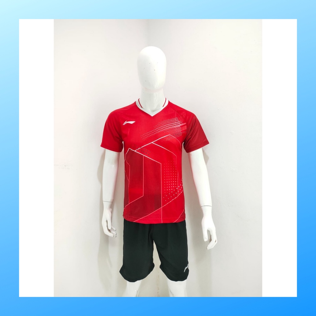 Kaos bulutangkis pria baju badminton dan celana jersey setelan wanita dewasa t-shirt outfit seragam jarsey kostum olahraga pakaian apparel sport jersy bulu tangkis casual jersi sudirman thomas uber cup print suit L157 merah polos