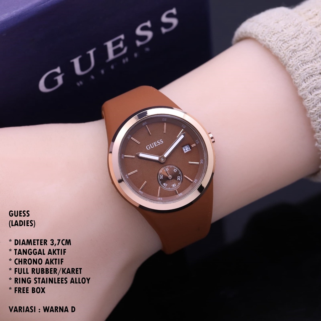 (BISA COD) JAM TANGAN WANITA GUESS TALI RUBBER BODY BULAT TANGGAL &amp; CHRONO AKTIF