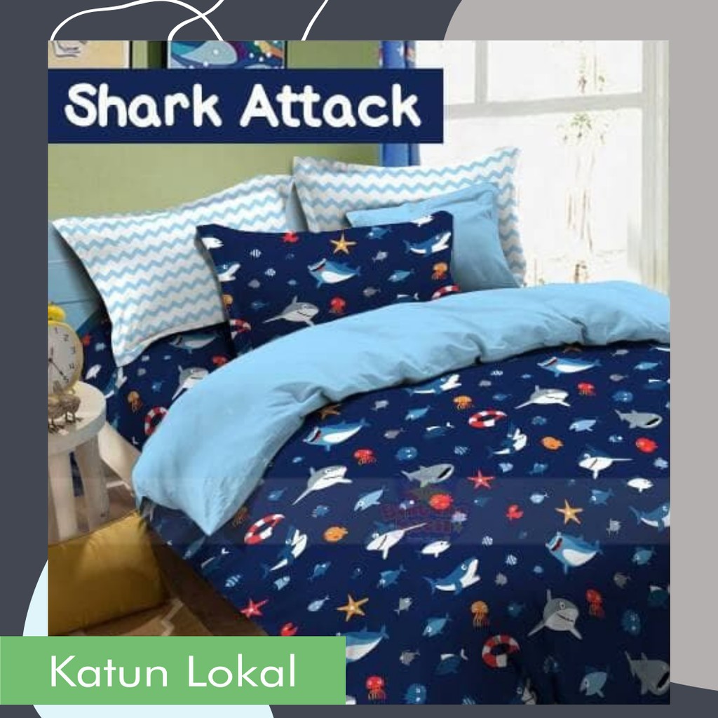 Bahan Kain Sprei Katun Lokal Motif Binatang Hiu Shark Attack Untuk Anak