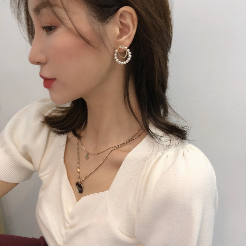 Trendi Fashion Influencer Gaya Yang Sama Anting Lingkaran Kecil Berlian String Mutiara Anting Hadiah Liburan Hadiah Gadis