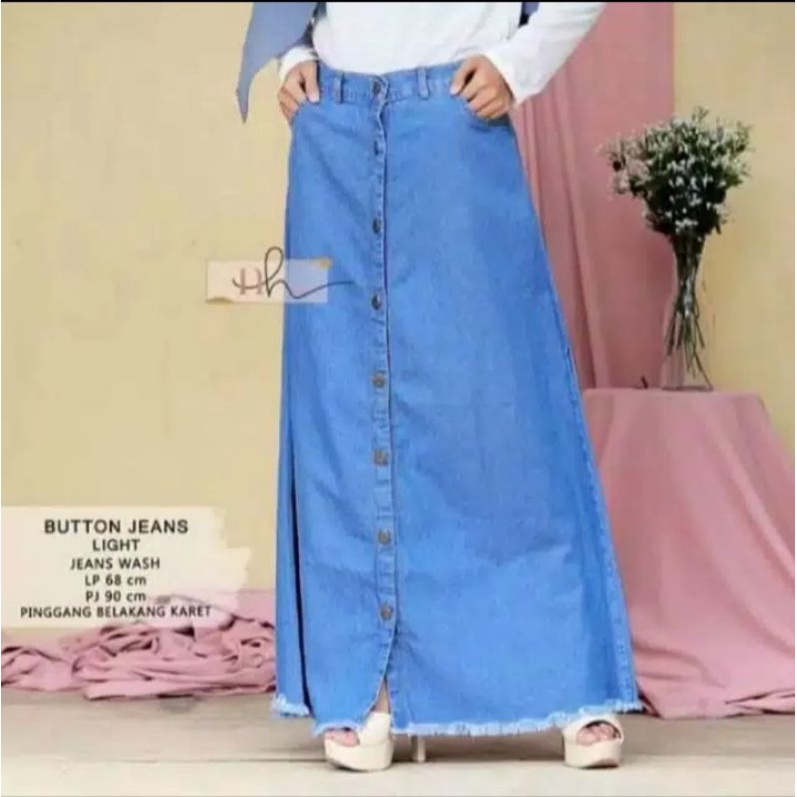 ROK PANJANG WANITA JEANS RAWIS/ROK PANJANG JEANS KANCING HIDUP