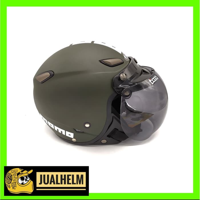 Helm JPN MOMO Hijau Army + Kaca Bogo ORIGINAL (Helm Klasik/Helm Retro)