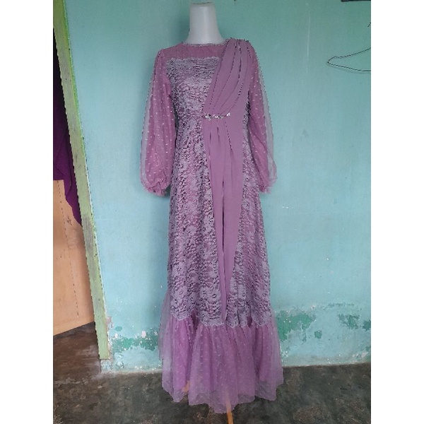 DRESS BROKAT MIX TILE DOT  super lebar mayung hiasan payet