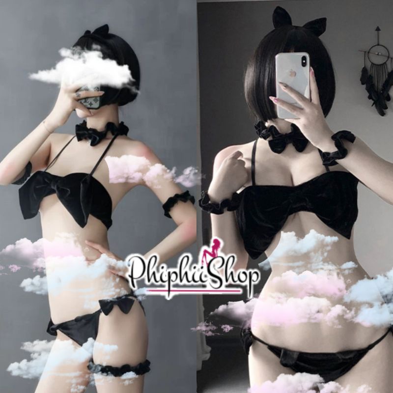 PREMIUM Bikini Set Bra Model Pita Sexy Bahan Beludru + Bando Kucing Cat Woman Aksesoris Kostum Lingerie