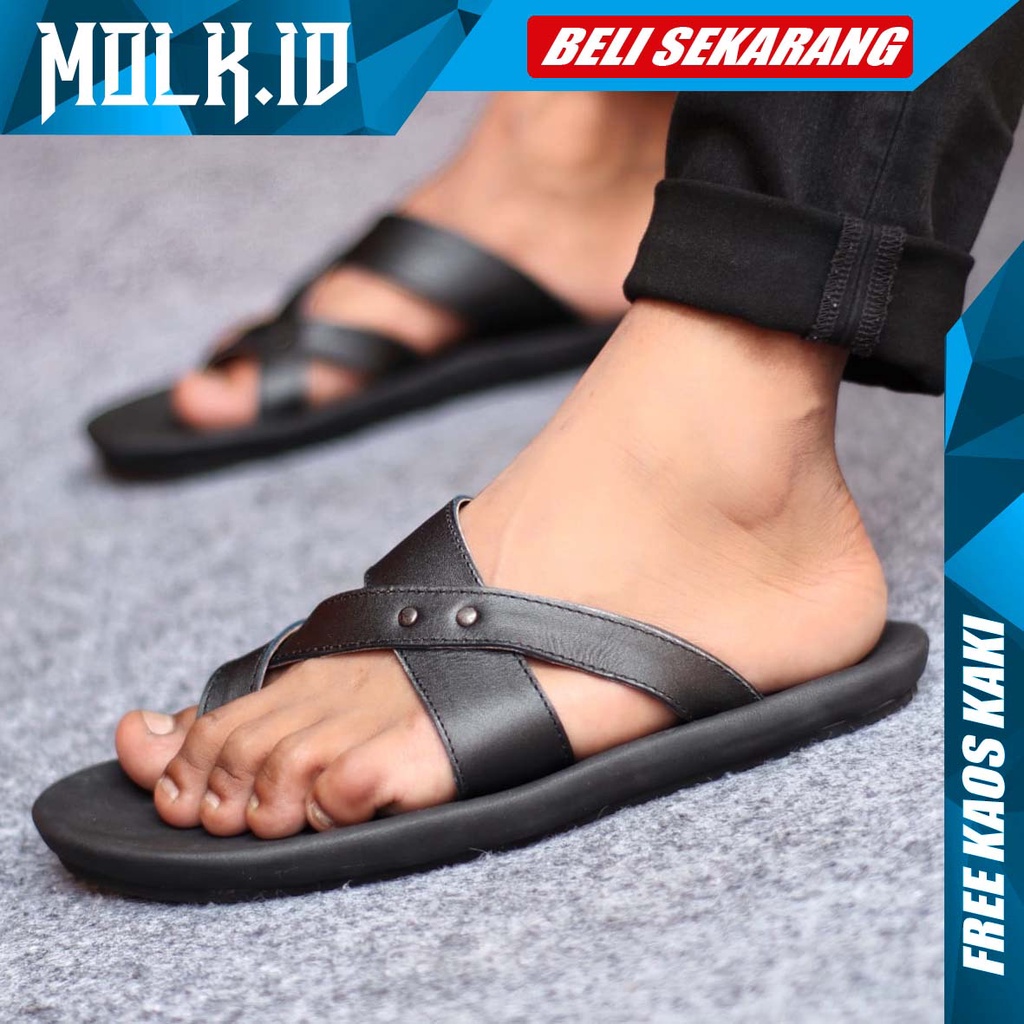 MOLK|Sandal Kulit Pria Trendy Original Casual Santai Traveling Cowok Hitam Tali