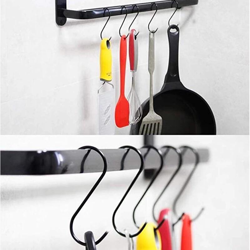 [Home Creative Black S Shaped Storage Hooks][Kitchen Pans Pots Bag Towels Hanging Holder ] [Stainless steel closet organizer ][Multifunction Bathroom KitchenSelf Adhesive Nail-Free Door Hanger Hook]