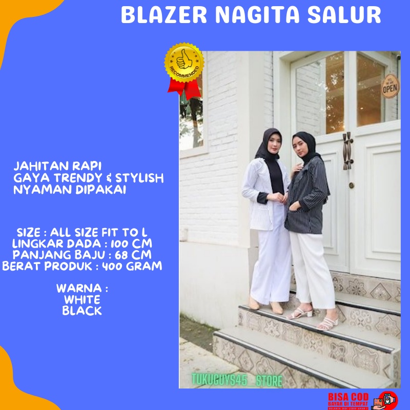 Blazer Outwear Outerwear Outfit Baju Atasan Kerja Wanita  Polos Salur Putih Hitam Bahan Scuba Nagita