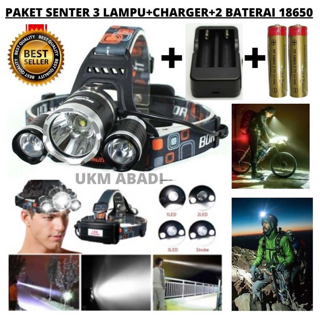 Paket Senter Kepala 3 Lampu 5000Lmn With Charger &amp; 2 Baterai 18650 111107