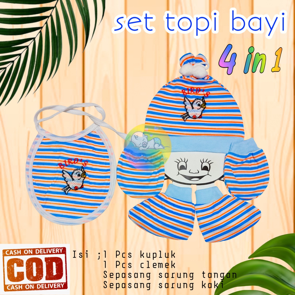 SET TOPI BAYI BARU LAHIR / Kupluk Sarung Tangan Kaki Celemek Slaber 4 IN 1 Motif