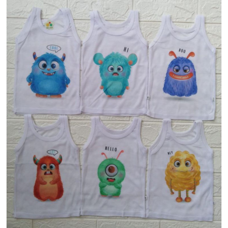 Kaos Dalam Bayi SINGLET Kutung PUTIH Motif Karakter Usia 0 sd 24 Bulan Unisex