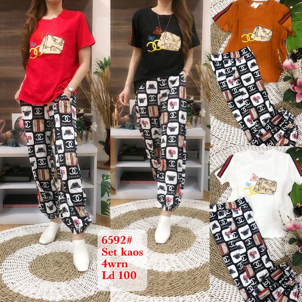 SETELAN KAOS+CELANA WANITA IMPORT PREMIUM CHANEL 6592