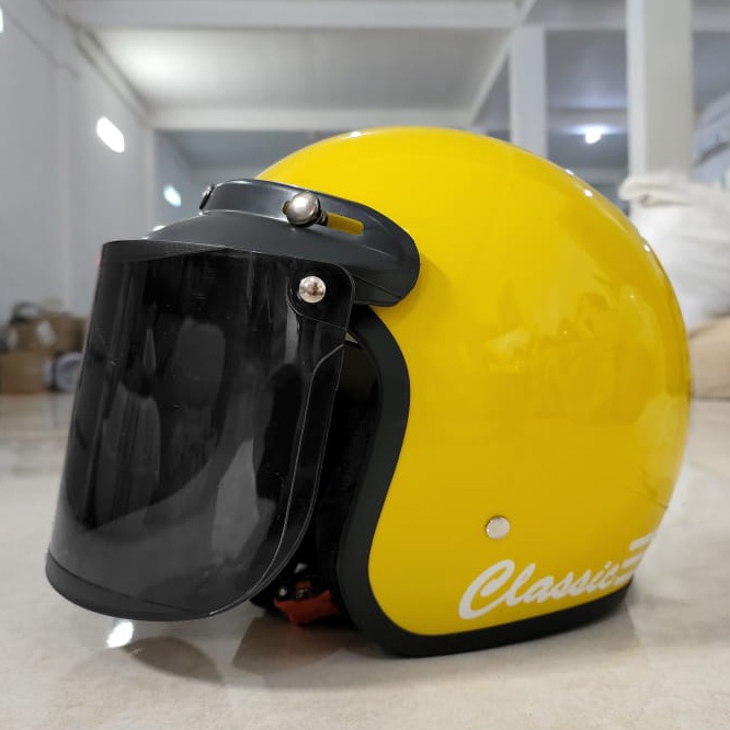 Helm Bogo Retro Dewasa Pria Wanita Polos Klasik SNI Motor-kuning gloss