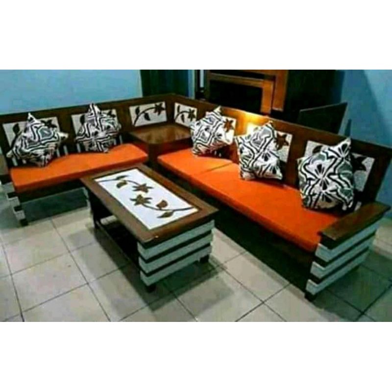 kursi tamu sudut kayu jati ukir dudukan sofa kombinasi marmer