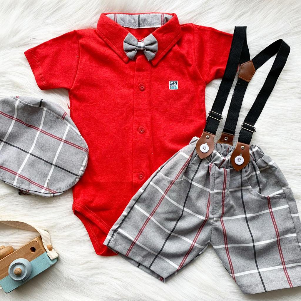 Setelan jumper celana suspender topi dasi motif bintik fashion anak bayi cowok laki baby boy -baw-RED, BIGSQUARE