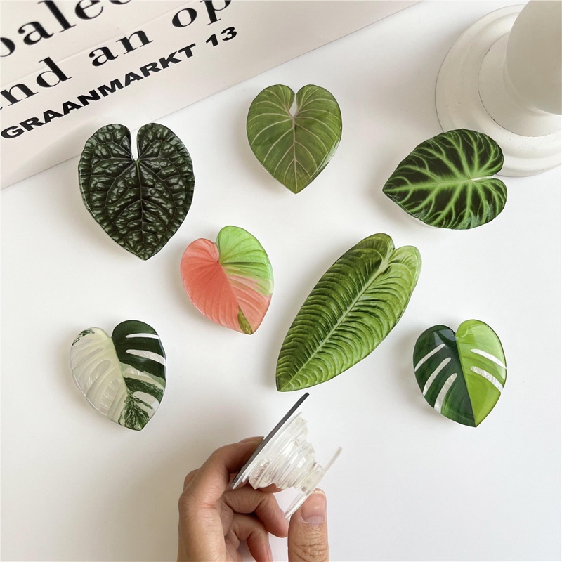 Stiker Braket Holder Smartphone Universal Bentuk Daun Hijau Bahan Akrilik