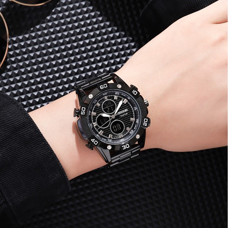 SKMEI 1838 Jam Tangan Pria Digital Analog Dual Time Chronograph Tali Stainless Steel WATCHKITE WKOS