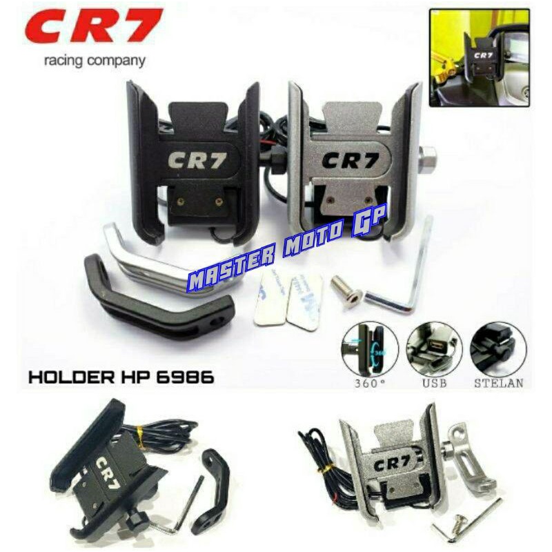 HOLDER HP MOTOR JEPIT SPION PLUS CHARGER USB MODEL TANGKAI PENDEK DUDUKAN HANDPHONE DI MOTOR PLUS CHARGER USB HOLDER HP