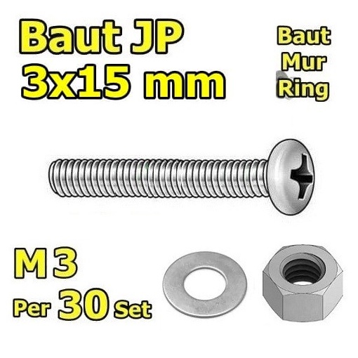 x30 Set Baut Mur Ring M3 x 15mm M3x15 M3x15mm JP3 3mm 3x15 3x15mm 3 x 15mm Baut Obeng Set Bahan Galv