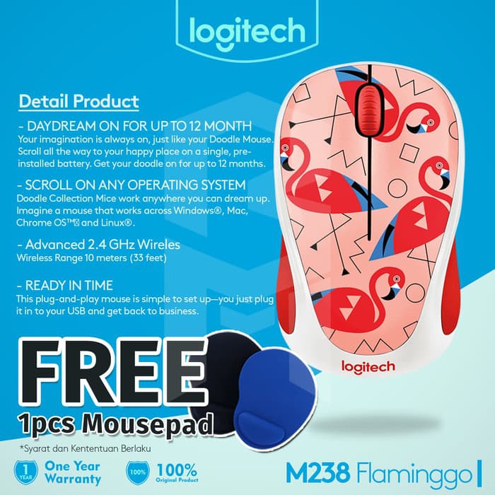 Mouse Wireless Logitech Flaminggo M238 Party Collection FREE Mousepad