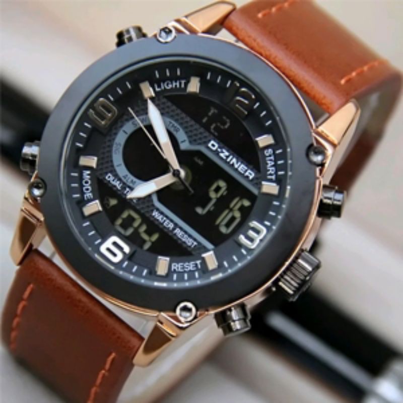 JAM TANGAN PRIA DZINER 8222 DUAL TIME STRAP KULIT