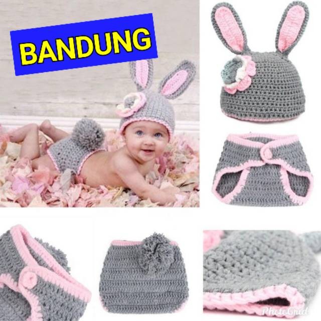 Kostum Rajut Rabbit ABU PINK/ Kostum Bayi Rajut Kelinci Baju Bayi Karakter