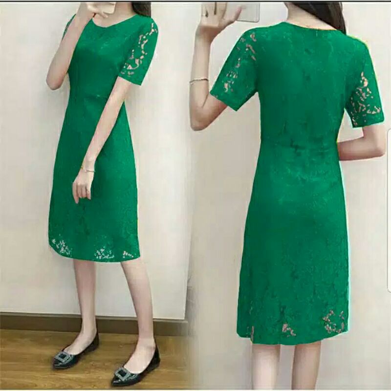 DRESS LACE ONECK BAHAN TEBAL ADEM DRESS BROKAT KEBAYA BATIK LENGAN PENDEK