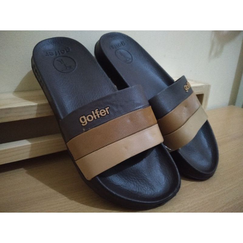 [PIKU] Sandal slop dewasa GOLFER SIZE 39-44 motif strip sandal slide sandal duramo-Coklat
