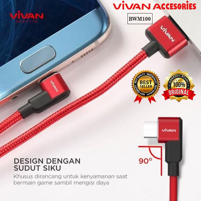 Vivan BWM100 2.4A 1M Micro USB 90° Data Cable Design for Android Red