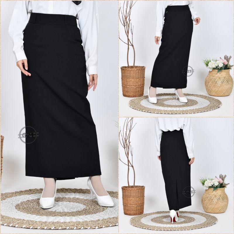 Rok Kerja Kantor Hitam Panjang Span Wanita Bahan Dasar Formal Ukuran Standar dan Jumbo Rok Skirt Hitam Span Panjang Kantor Formal Wanita Model Biron Belah Belakang Tertutup 01-Hitam