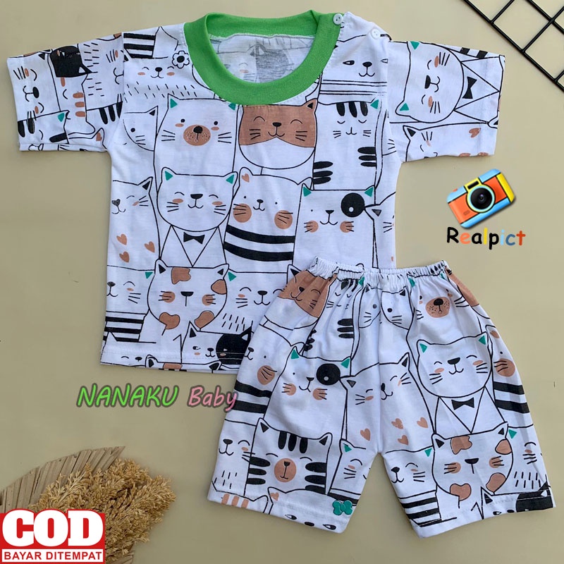 Setelan Baju Bayi Setelan Piyama Bayi Lengan Pendek Kancing Bahu Usia 3-12 Bulan Anababy