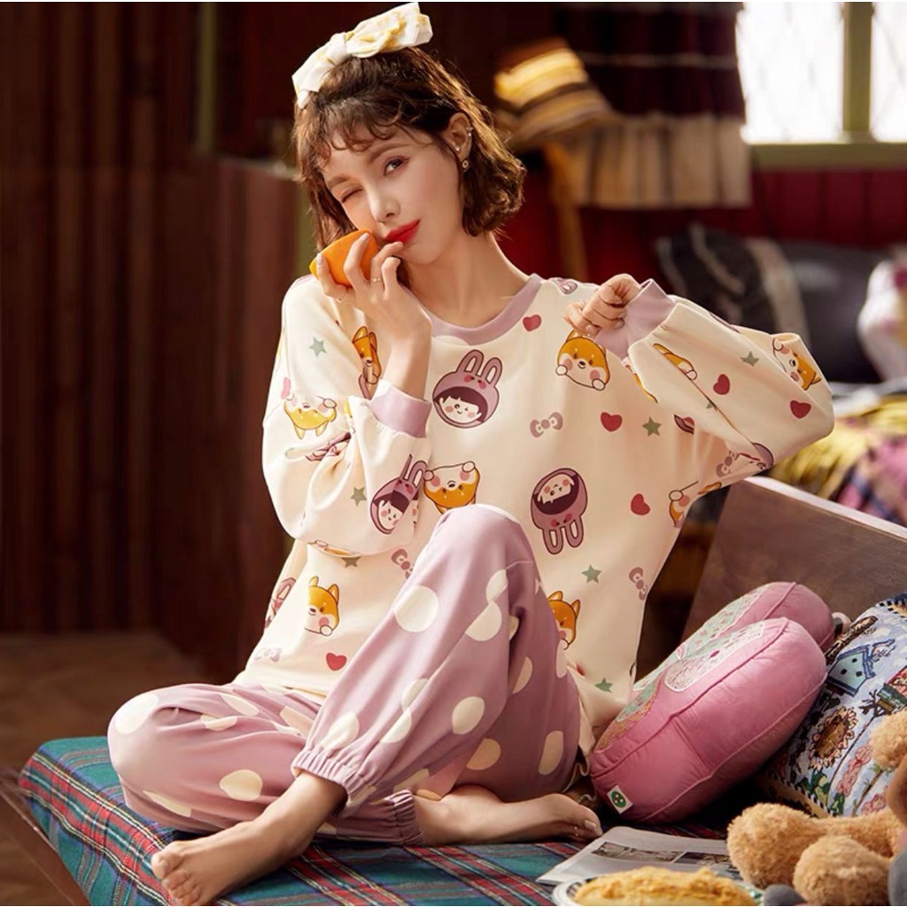 COD pp piyama fashion wanita / Piyama Import PP / stelan wanita / baju tidur wanita-Girl Lilac