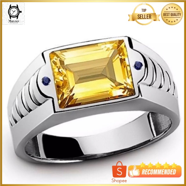 Cincin Pria Perak Yellow Citrine Quartz Sitrin Kuning Lemon Mewah Berkelas Modern Minimalis