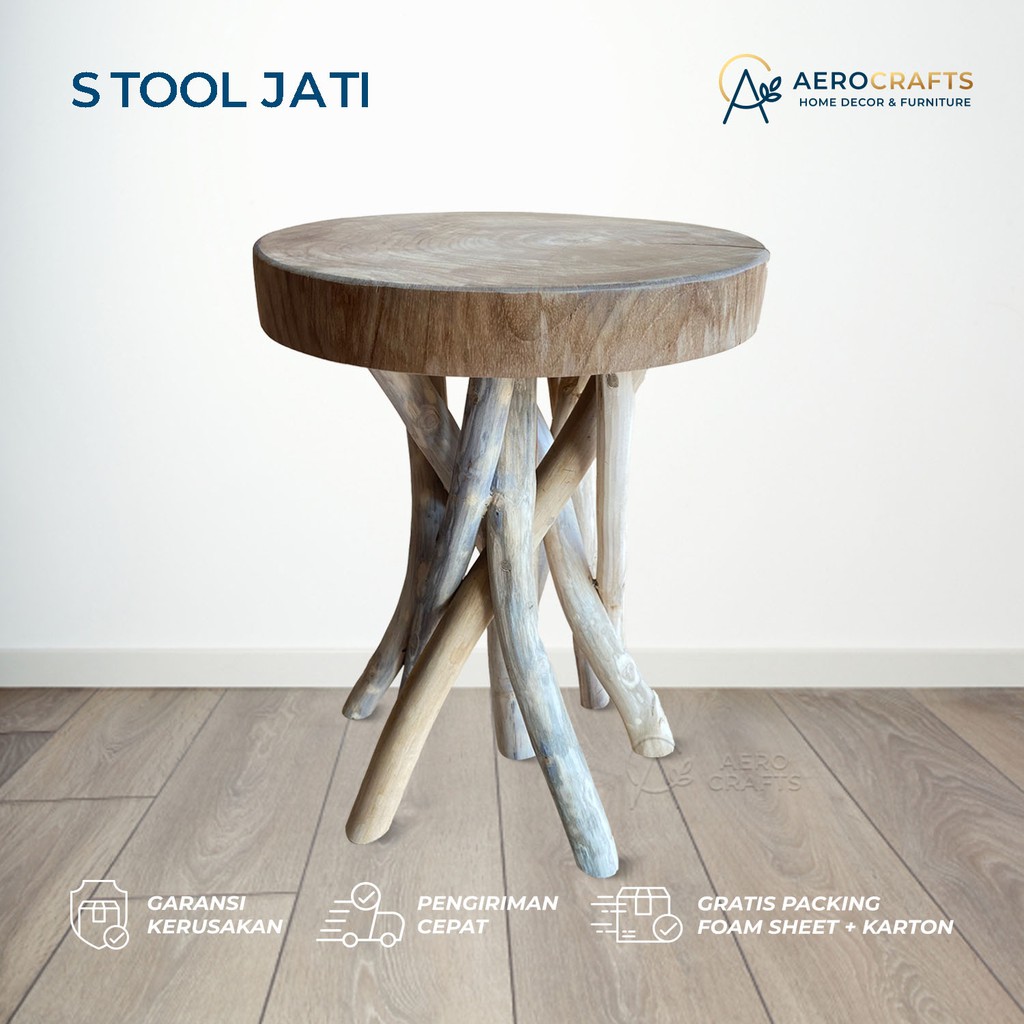 Kursi Stool Ranting Kayu Jati / Stool Kayu Jati / Dingklik Stool Kayu Bulat / Stool Kayu Jati Solid