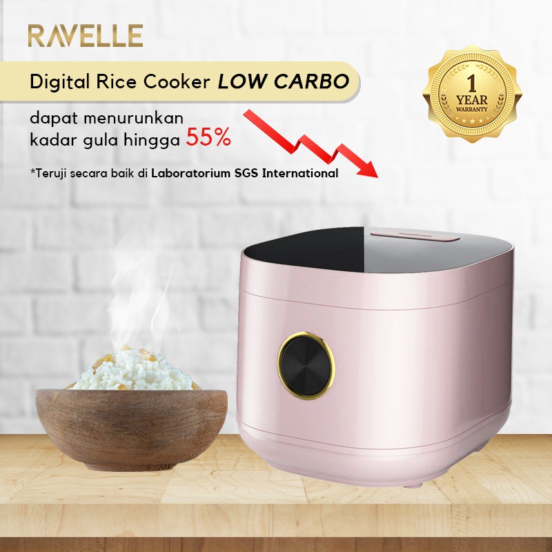 Ravelle Smart Digital Rice Cooker Low Carbo Low Sugar 3L - Baby Pink