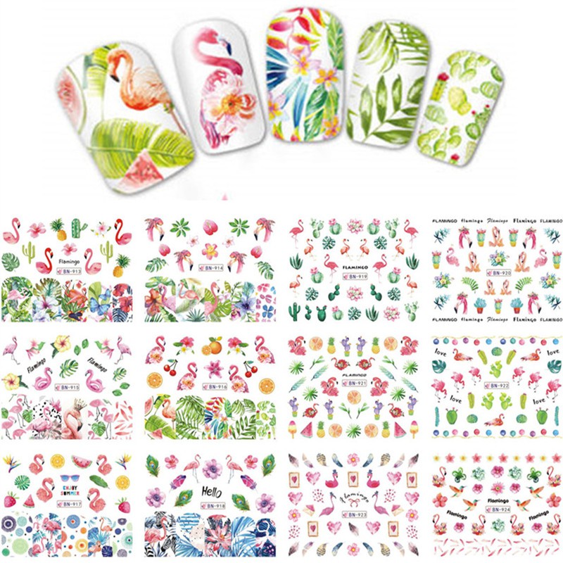 

12 Desain/Lembar Nail Art Beauty Air Transfer Stiker Slider Stiker Kuku Tropical Palm Burung