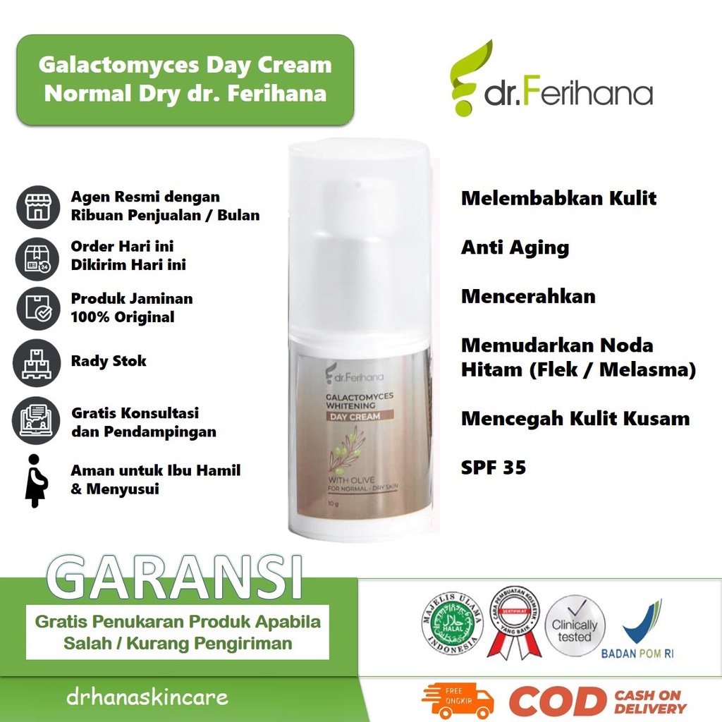 Galactomyces Day Cream Normal Dry dr. Ferihana Cosmetics &amp; Skincare Merupakan Krim Siang untuk Kulit Normal Kombinasi Kering Mampu Melembabkan Mencerahkan dengan SPF 35 Sekaligus Anti Aging BPOM LPPOM HALAL MUI