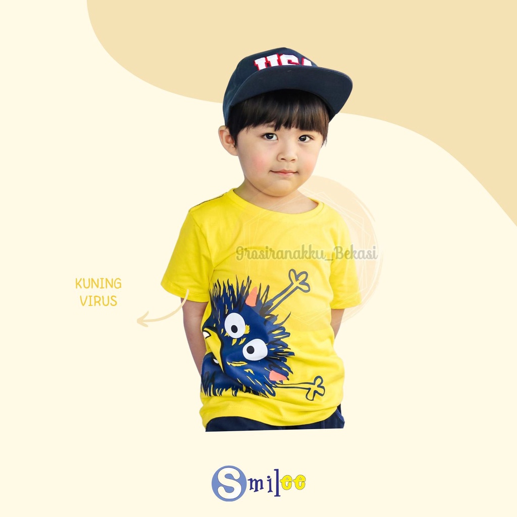 Kaos Anak Cowok Smilee Murah Kuning Virus Size 1-5Tahun