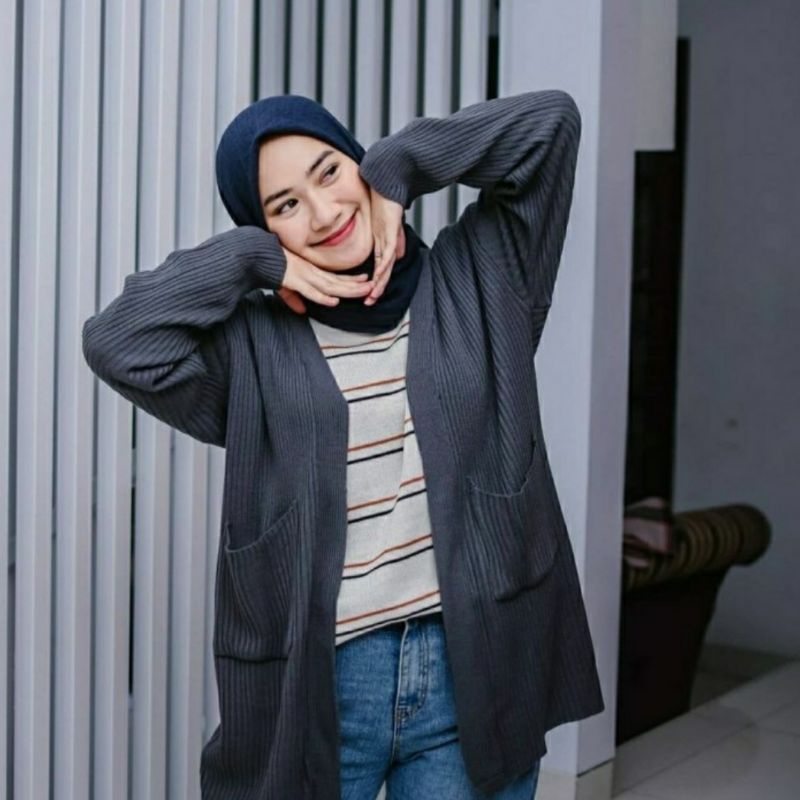 Long cardigan | Cardigan rajut panjang | Long cardy-Abu tua