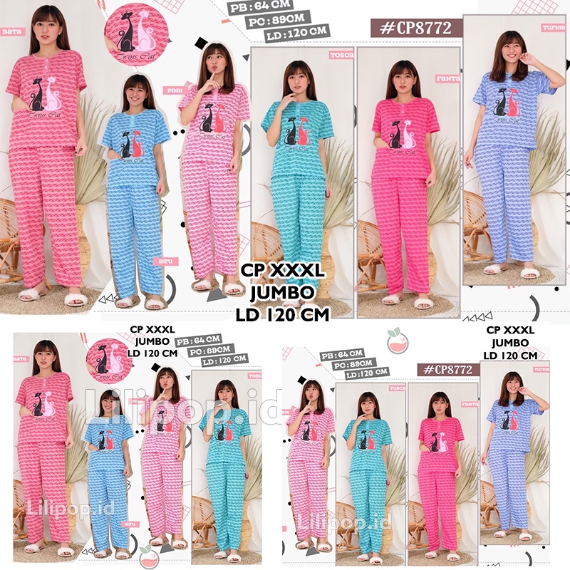 Lilipop.id  Baju Tidur Wanita CP Jumbo Twin cat Setelan Piyama BabyDoll XXXL Kaos Celana Panjang