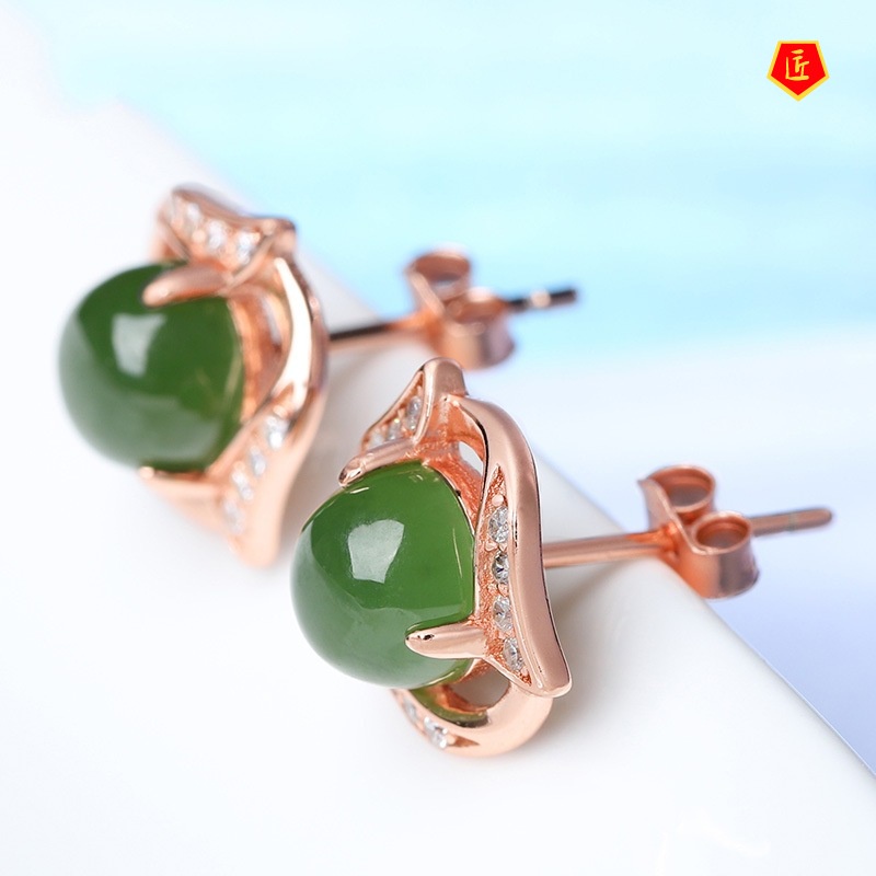 [Ready Stock]Hetian Jade Ear Studs Women's S925 Silver Elegant