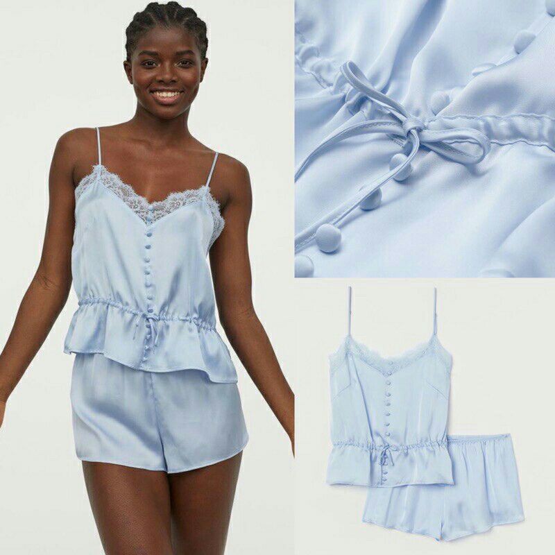 H&amp;M  Celana Tidur  Satin Sleepwear Pjamas  Set Lase Cami Tank + Short | Celana tidiur  Lingerie Original Branded