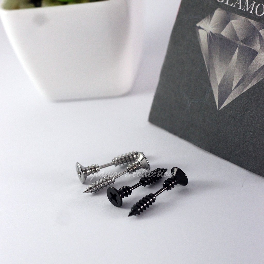 [COD] 1Pasang Anting Telinga Tindik Titanium Model Sekrup/Baut  Model Punk Fashion Pria Wanita