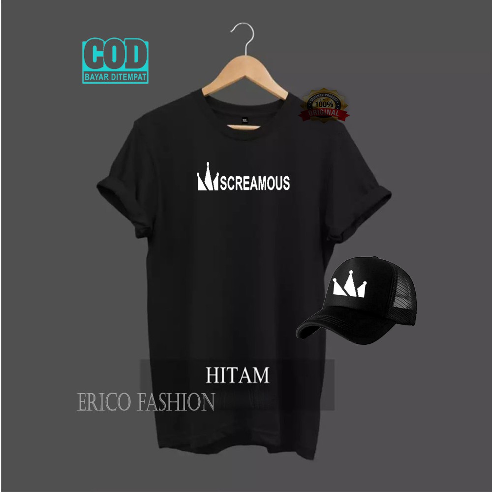 Kaos Distro Premium/ Kaos Lengan pendek  Screamous White + Free Topi /Kaos Pria Wanita Quality