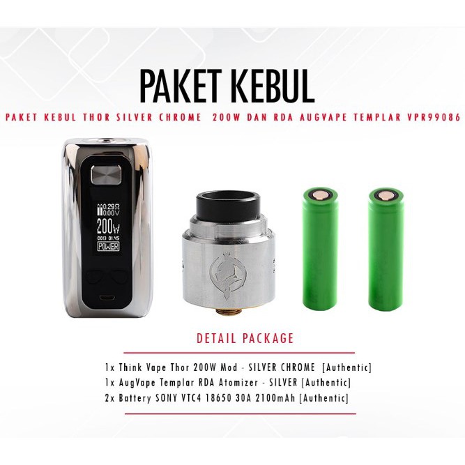 PAKET HEMAT KEBUL THOR SILVER CHROME 200W DAN RDA AUGVAPE TEMPLAR