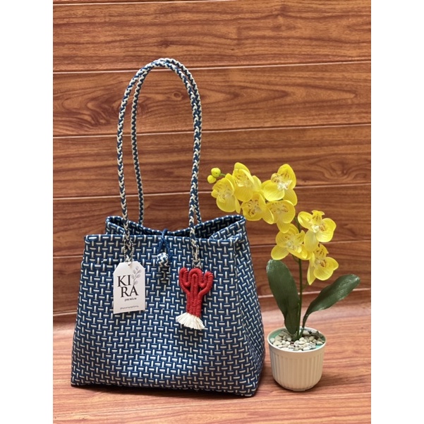 Tas Anyaman Wanita Premium New Series TOTE BAG Tali 2 Garis Super Cantik dan Gemes Aurelia Blue