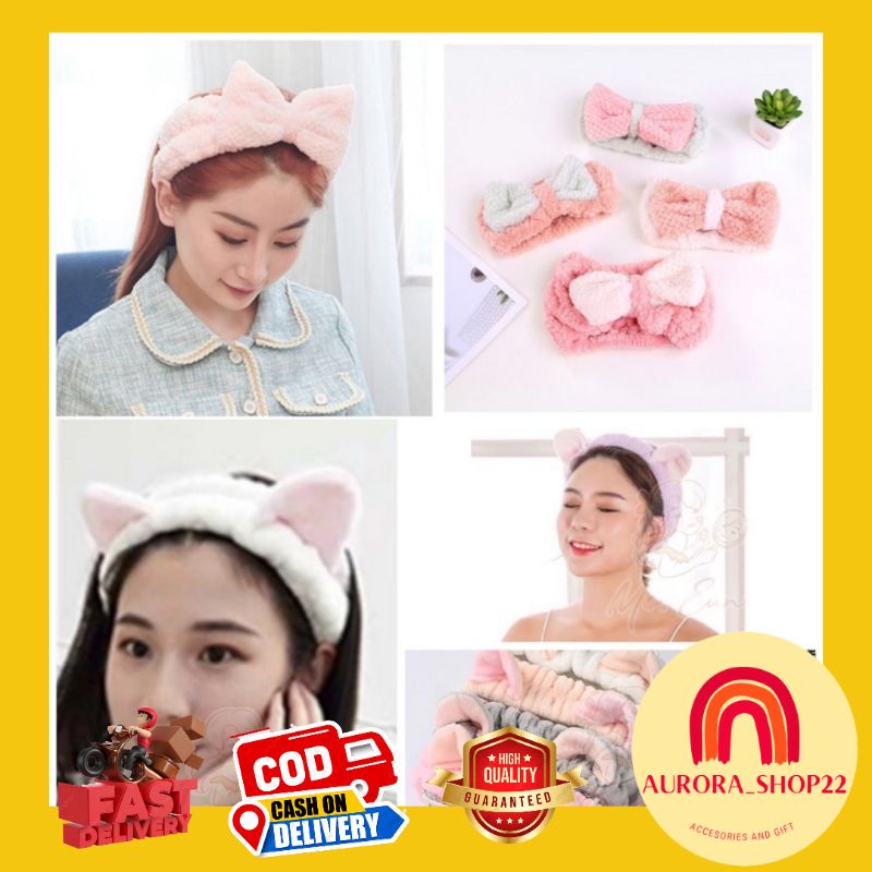 [COD] Bandana Handuk Model Telinga Kucing dan Pita Bando Mandi Bando Facial Bando Bandana Maskeran Make Up