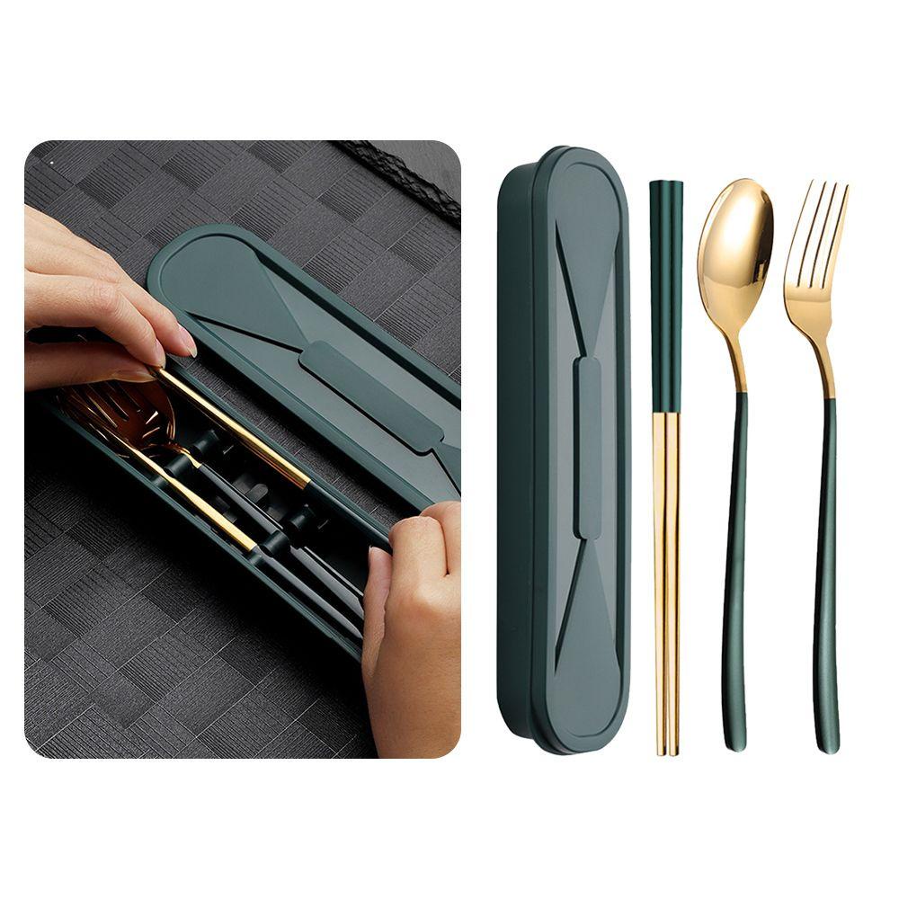 Solighter Sendok Garpu Set Aksesoris Dapur Makan Siang Reusable Stainless Steel Dengan Kotak Peralatan Makan