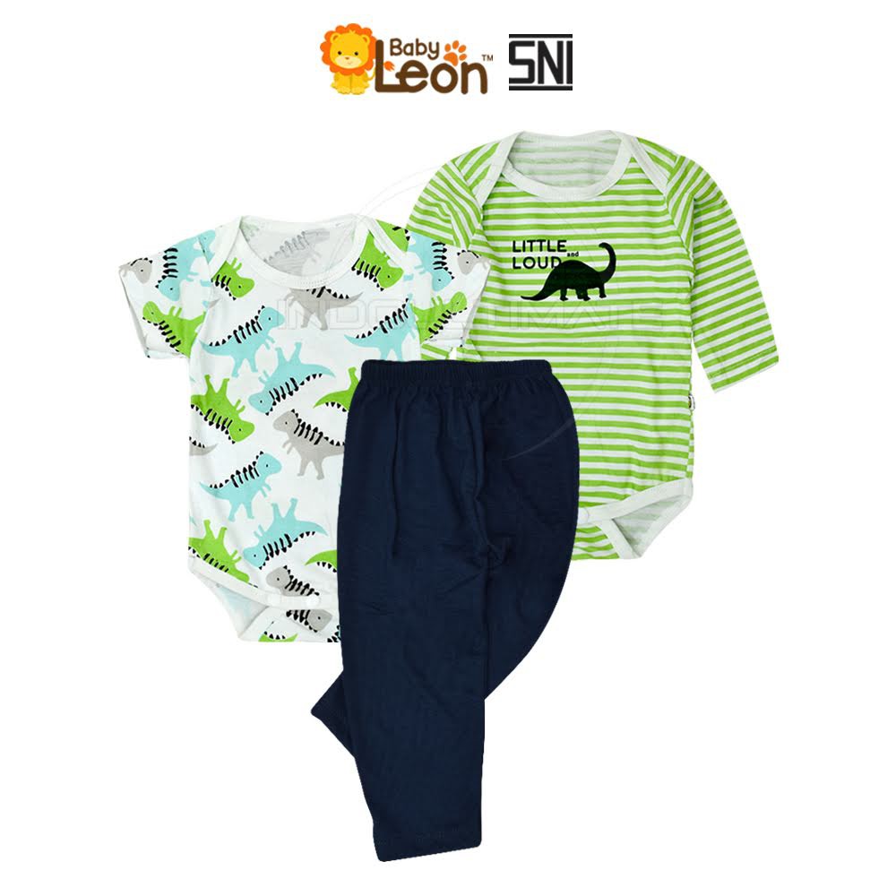 0-12m BABY LEON Set 3in1 Baju Jumper pendek panjang celana Bayi Bayi SET-SK02 Katun Single Knit baju celana atasan t-shirt setelan stelan kaos singlet romper jumper panjang pendek baju tidur baju pergi anak bayi baru lahir newborn laki laki perempuan