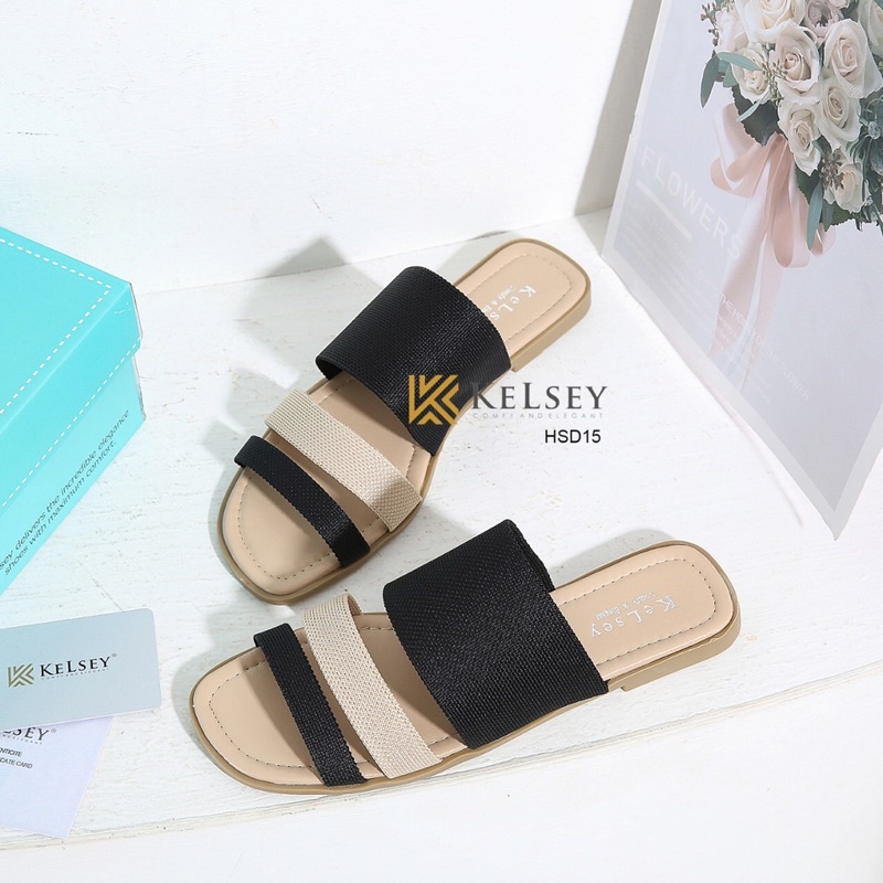 Kelsey Sandal Slop Wanita Import HSD15 Bahan Kulit Cantik Bangget Sandal Flat 1cm