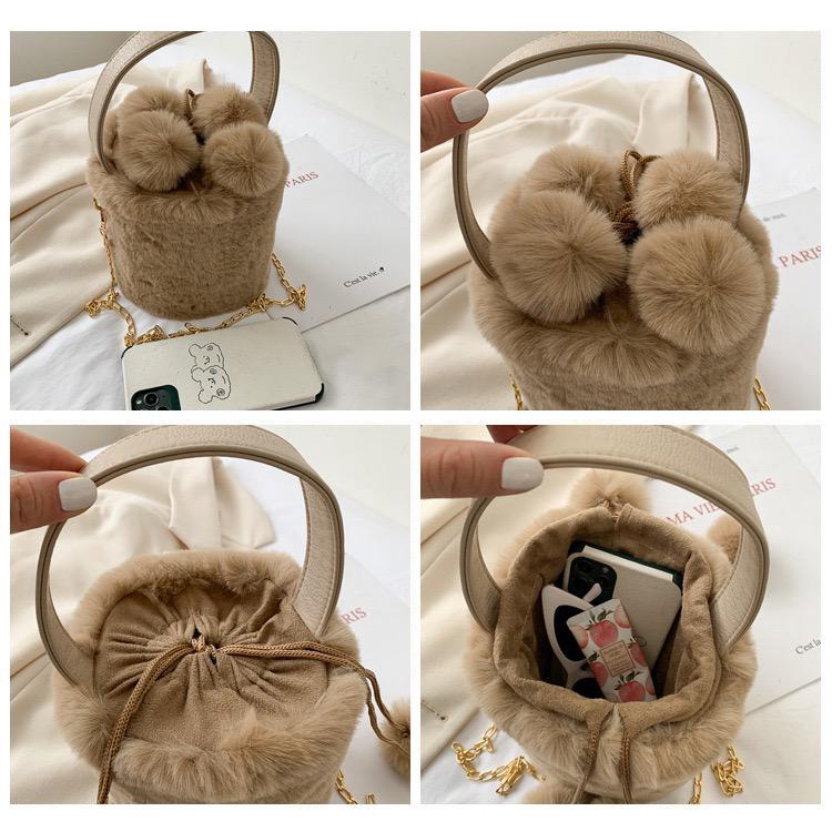 [littlecrab]Tas Wanita Bulu Model Ember Pom Pom Lembut Tas Lucu Cute Bucket Fluffy Bag Tas Selempang Tas Bahu Tas Unik Korean Style